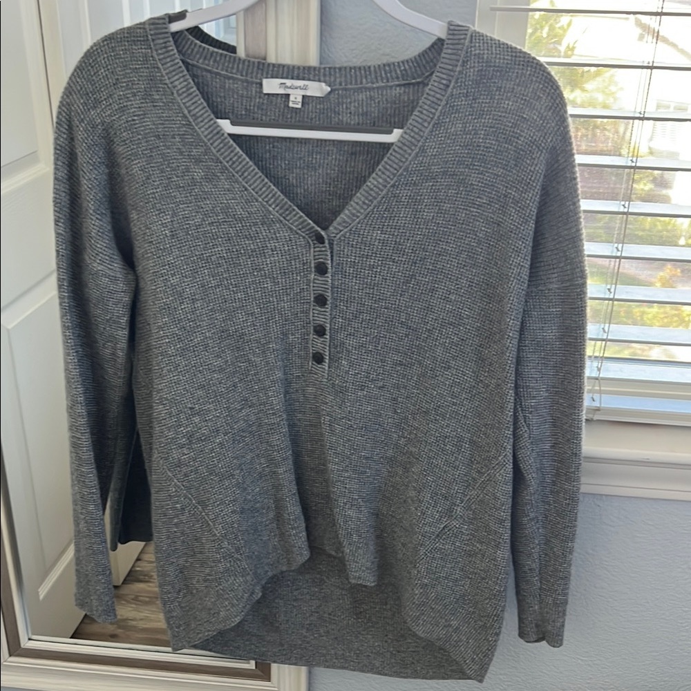 Gray V-Neck Sweater with Button Detail